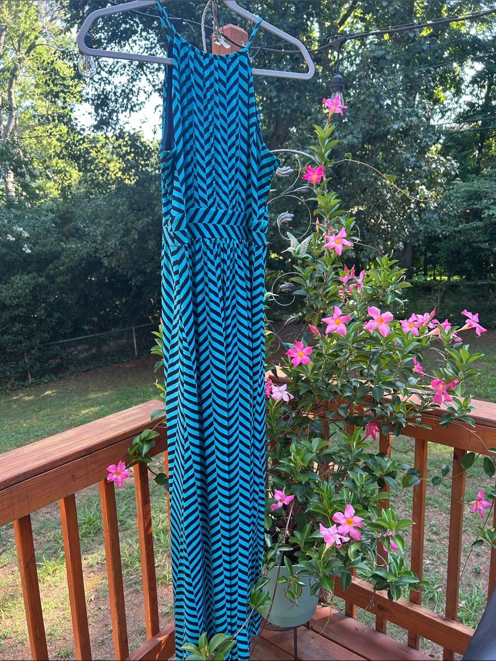 LOFT Petite Teal and Navy Chevron Maxi Dress